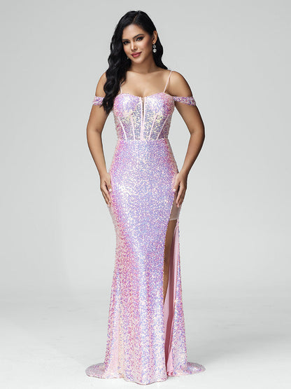 Off Shoulder Lace Up Sequins Bridesmaid Dress With Slit