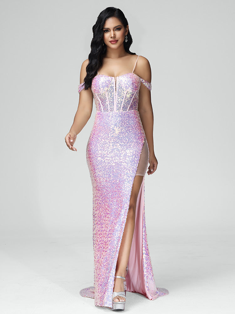 Off Shoulder Lace Up Sequins Bridesmaid Dress With Slit