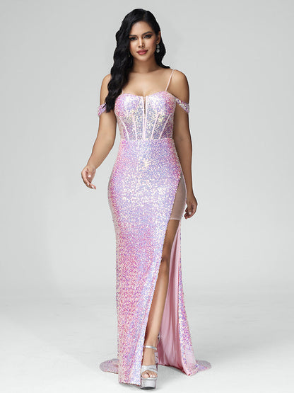 Off Shoulder Lace Up Sequins Bridesmaid Dress With Slit