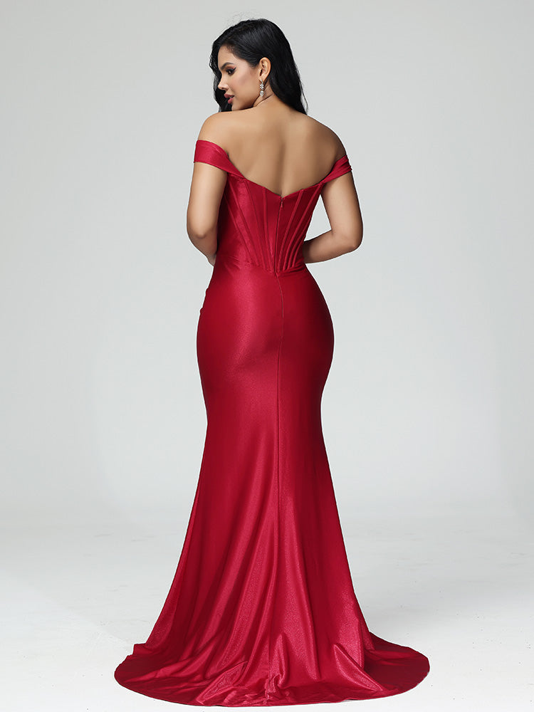 Simple Off The Shoulder Strapless Zipper Satin Bridesmaid Dress