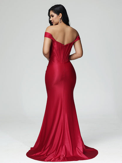 Simple Off The Shoulder Strapless Zipper Satin Bridesmaid Dress