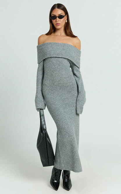 Darcie Midi Dress - Off Shoulder Knitted Long Sleeve Dress in Grey Marle
