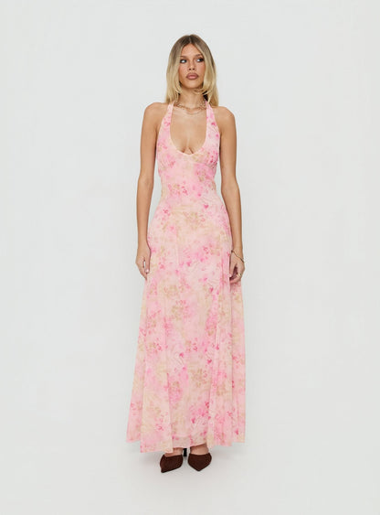 Dandelions Halter Maxi Dress Pink Floral