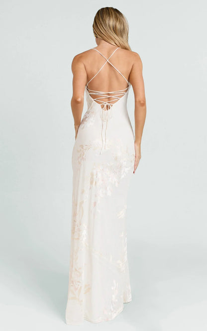 Chrissy Maxi Dress - Square Neck Lace Back Fit And Flare Dress in Ivory