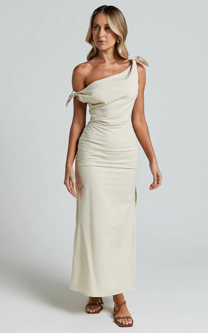Cincinnati Midi Dress - Off The Shoulder Side Split Column Linen Dress in Beige