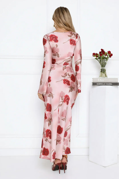 Scent Of Roses Long Sleeve Satin Maxi Dress Pink