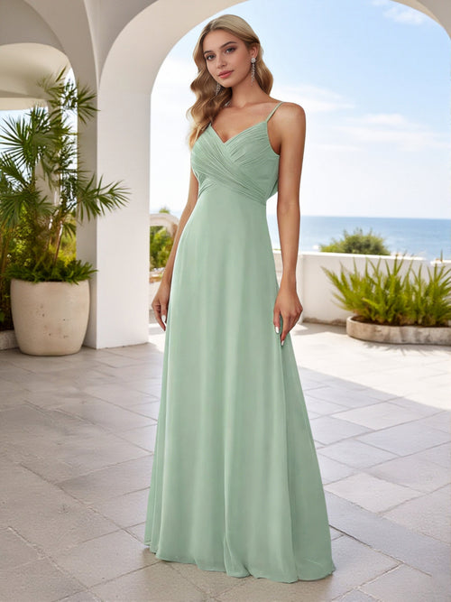 Cicinia Floor Length Chiffon Dusty Sage Bridesmaid Dresses Long A-line V-neck Pleats Spaghetti Straps