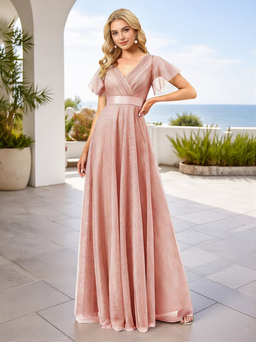 Cicinia V-neck Dusty Rose Bridesmaid Dresses With Sleeves Long Tulle A-line Floor Length Pleats