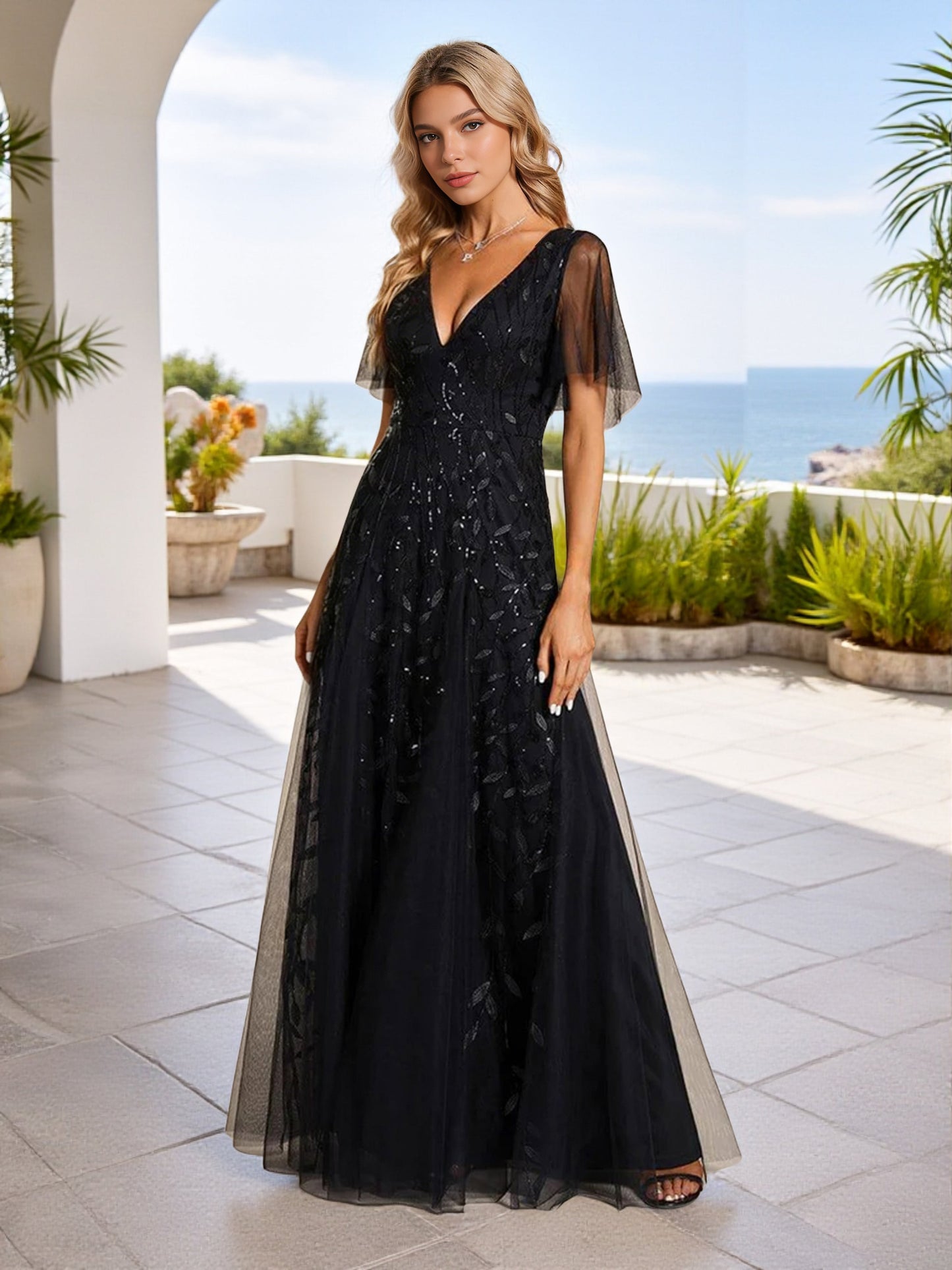 Cicinia Sequin Shiny Black Bridesmaid Dresses Long Lace Tulle A-line Floor Length V-neck
