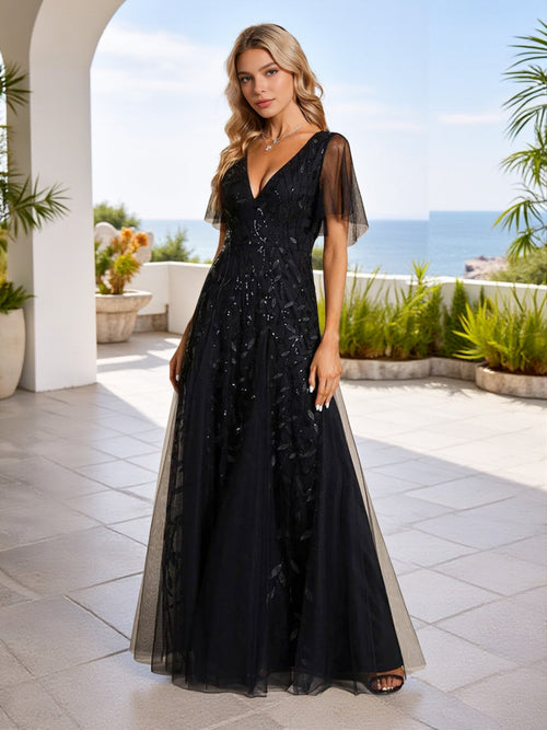 Cicinia Sequin Shiny Black Bridesmaid Dresses Long Lace Tulle A-line Floor Length V-neck