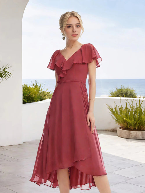 Cicinia Cinnamon Rose Bridesmaid Dresses Short Chiffon A-line V-neck Tea Length High Low Hemline