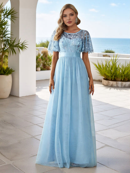 Cicinia Sky Blue Bridesmaid Dresses With Sleeves Long Lace Tulle A-line Floor Length
