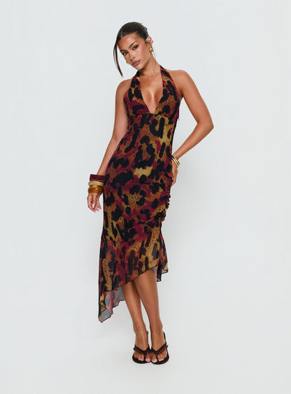 Katriona Halter Asymmetrical Maxi Dress Leopard Multi