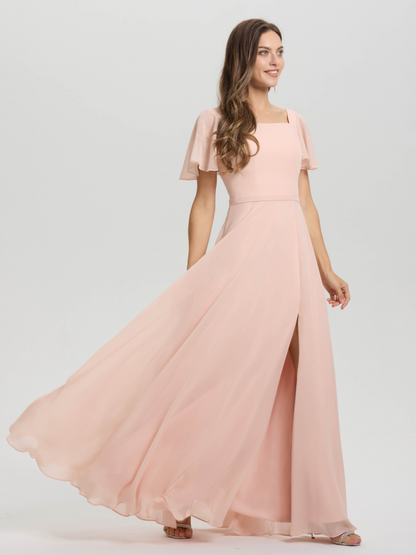 A-Line Square Neck Short Ruffle Sleeves Floor Length Chiffon Bridesmaid Dress