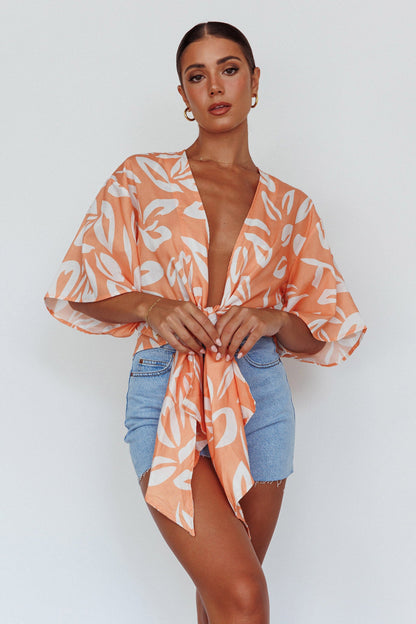 Rivera Deep-V Waist-Tie Top Leaves Mango
