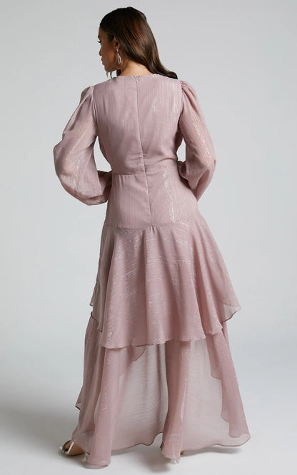 Claudita Midi Dress - Long Sleeve High Low Hem Dress in Dusty Rose
