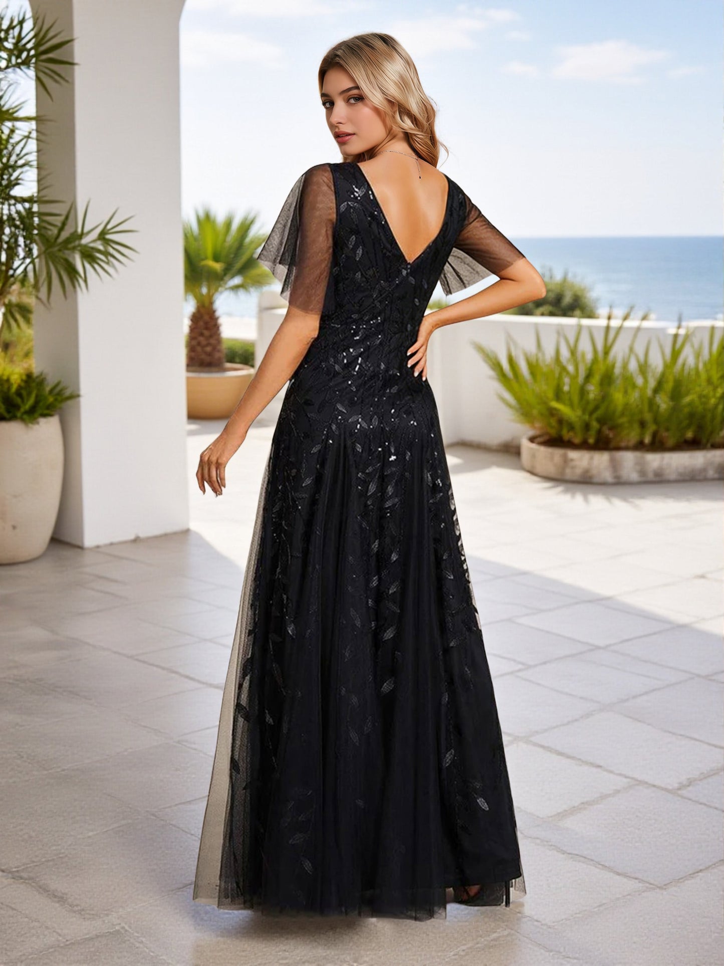 Cicinia Sequin Shiny Black Bridesmaid Dresses Long Lace Tulle A-line Floor Length V-neck