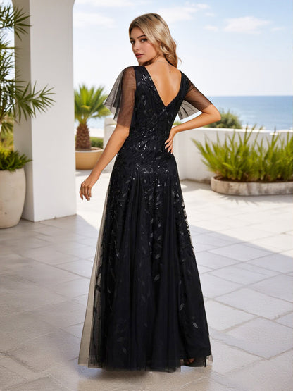 Cicinia Sequin Shiny Black Bridesmaid Dresses Long Lace Tulle A-line Floor Length V-neck