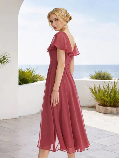 Cicinia Cinnamon Rose Bridesmaid Dresses Short Chiffon A-line V-neck Tea Length High Low Hemline