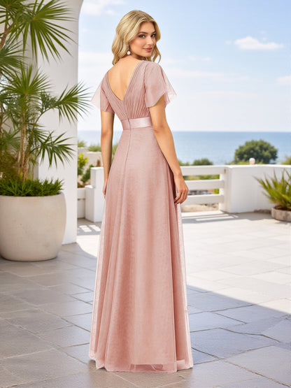 Cicinia V-neck Dusty Rose Bridesmaid Dresses With Sleeves Long Tulle A-line Floor Length Pleats