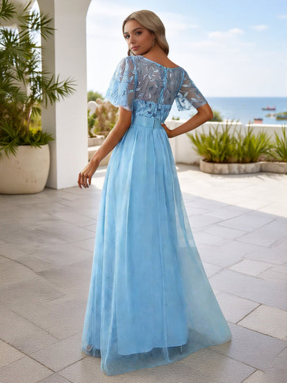 Cicinia Sky Blue Bridesmaid Dresses With Sleeves Long Lace Tulle A-line Floor Length