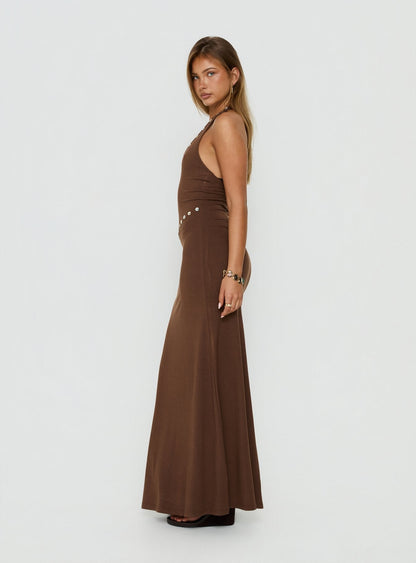 Correna Embellished Halter Maxi Dress Chocolate