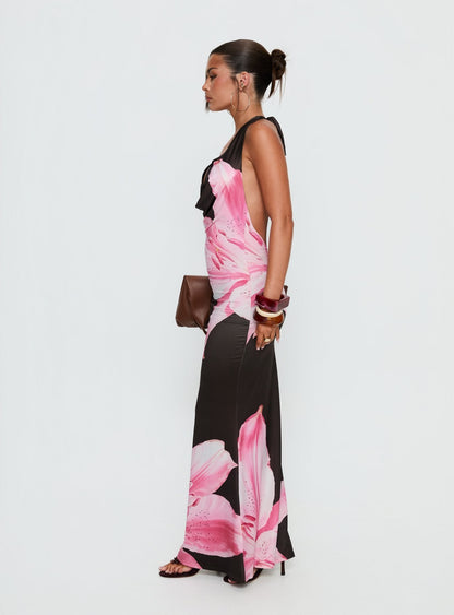 Kanara Halter Plunge Maxi Dress Chocolate / Pink Floral