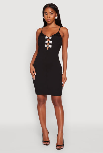 Sleeveless Crepe Knit Mini Dress with Rhinestone Bows