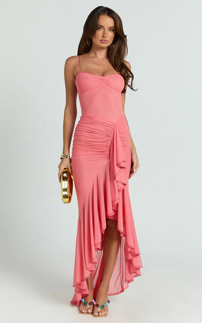 Brionna Midi Dress - Lace Neck Ruched Ruffle Hem Dress in Strawberry