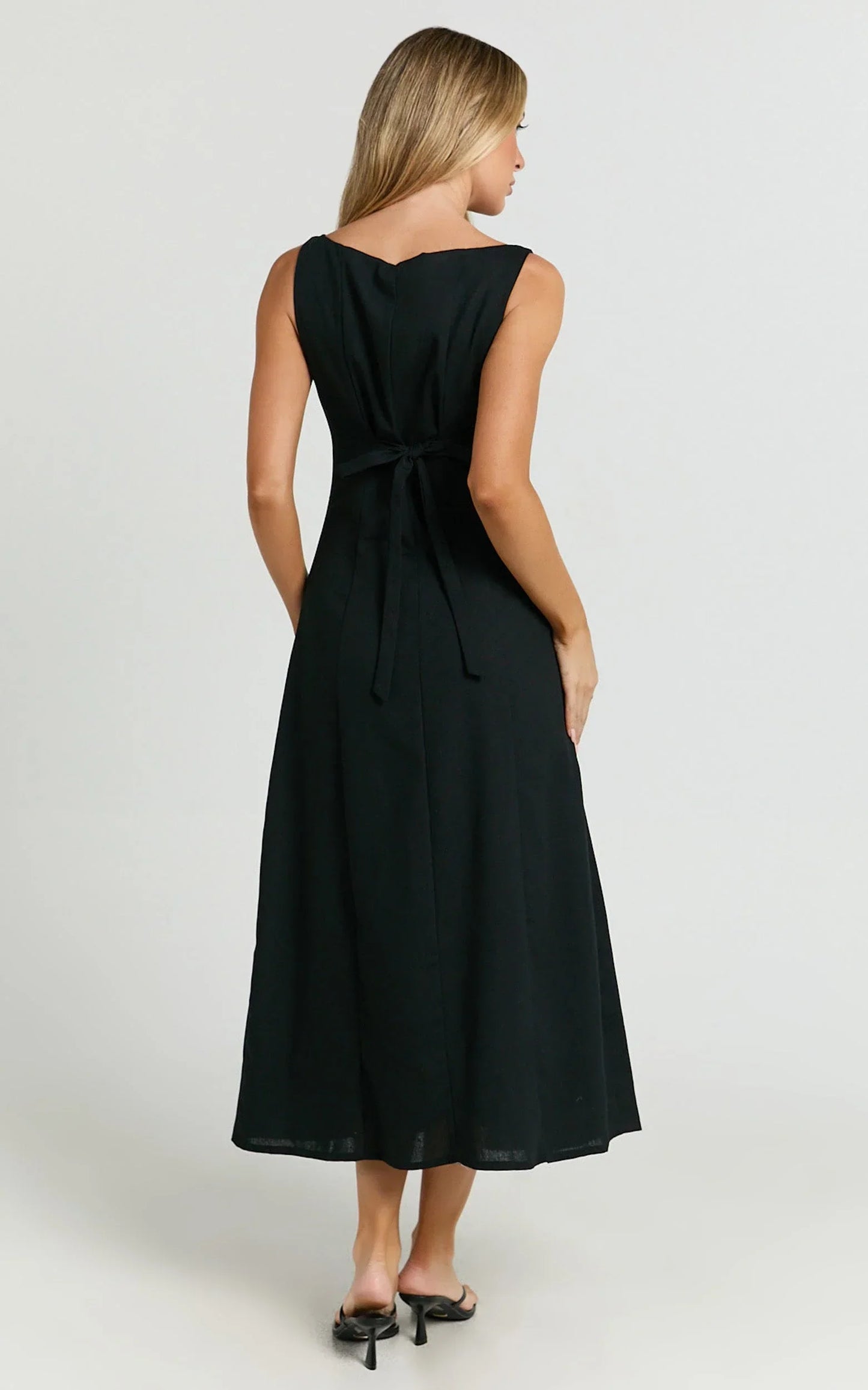 Cameron Midi Dress - Button Front Tie Back Dress in Black