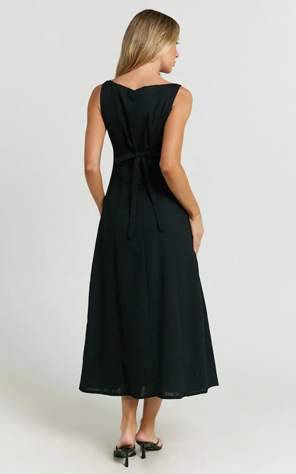 Cameron Midi Dress - Button Front Tie Back Dress in Black