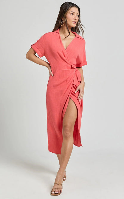 Carina Midi Dress - Linen Blend Short Sleeve Collared Wrap Dress in Orange