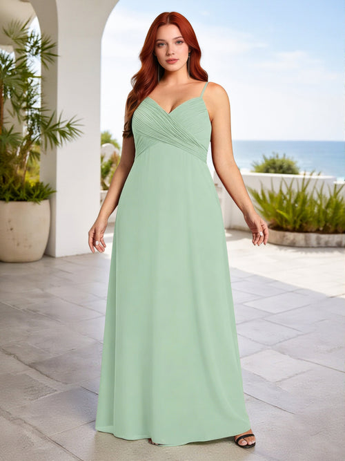 Cicinia Plus Size Floor Length Chiffon Dusty Sage Bridesmaid Dresses Long A-line V-neck Pleats Spaghetti Straps