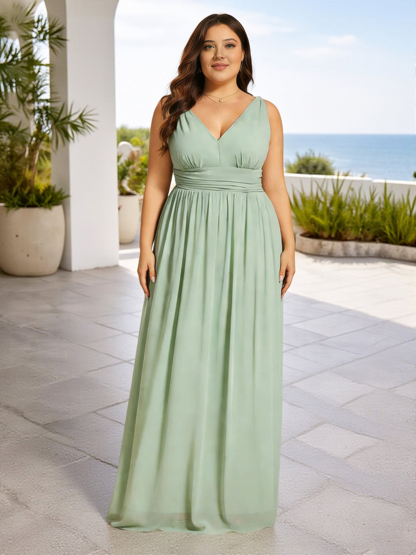 Cicinia Floor Length Plus Size Dusty Sage Bridesmaid Dresses Long Chiffon A-line V-neck Pleats Sleeveless