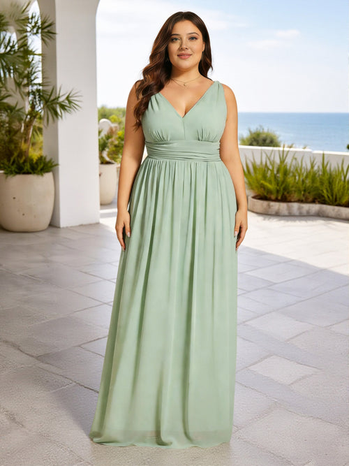 Cicinia Floor Length Plus Size Dusty Sage Bridesmaid Dresses Long Chiffon A-line V-neck Pleats Sleeveless