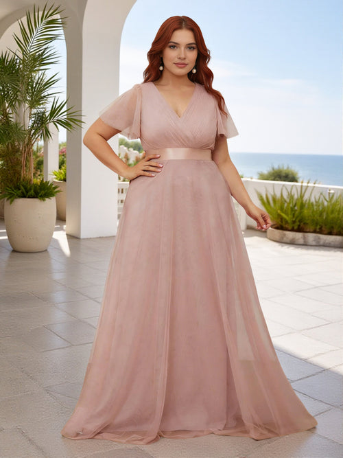Cicinia V-neck Dusty Rose Bridesmaid Dresses With Sleeves Plus Size Long Tulle A-line Floor Length Pleats
