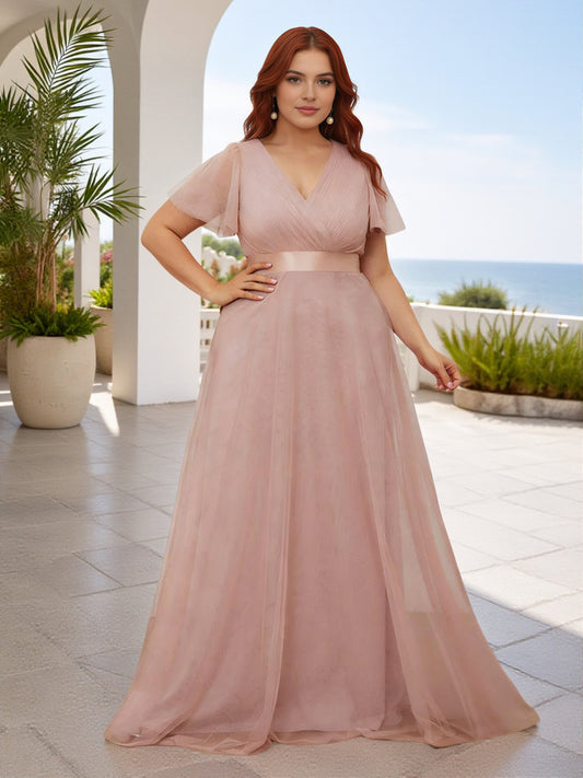 Cicinia V-neck Dusty Rose Bridesmaid Dresses With Sleeves Plus Size Long Tulle A-line Floor Length Pleats