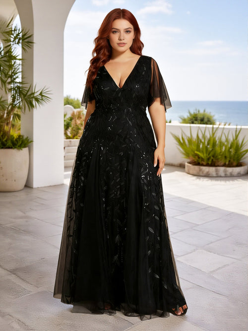 Cicinia Plus Size Sequin Shiny Black Bridesmaid Dresses Long Lace Tulle A-line Floor Length V-neck