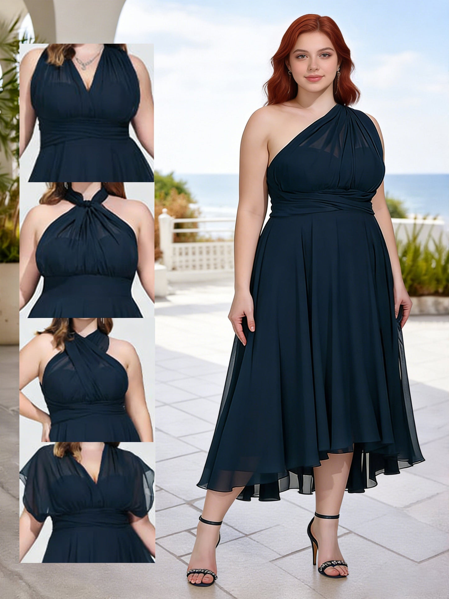 Cicinia Plus Size Dark Navy Bridesmaid Dresses Long Chiffon A-line Tea Length Simple Dress