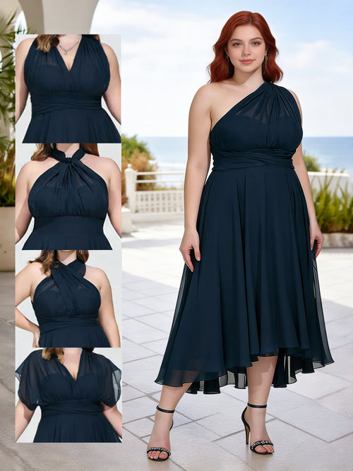 Cicinia Plus Size Dark Navy Bridesmaid Dresses Long Chiffon A-line Tea Length Simple Dress