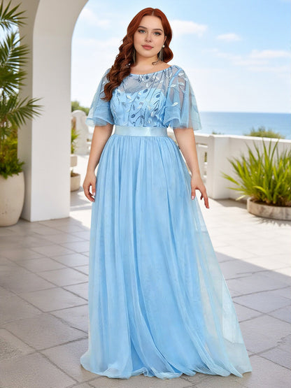 Cicinia Plus Size Sky Blue Bridesmaid Dresses With Sleeves Long Lace Tulle A-line Floor Length