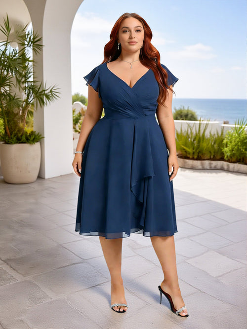 Cicinia Dark Navy Bridesmaid Dresses Short A-line V-neck Flutter Sleeves Knee Length Chiffon Dress Plus Size