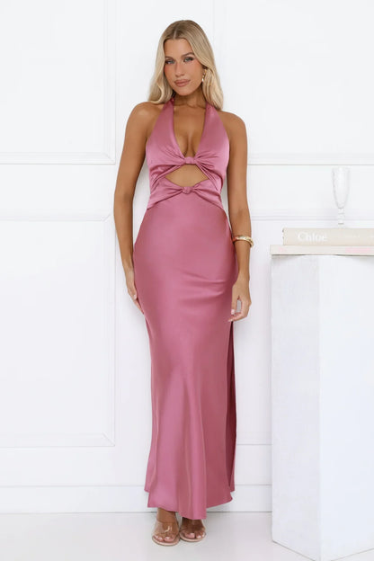 Polished Perspective Halter Satin Maxi Dress Pink