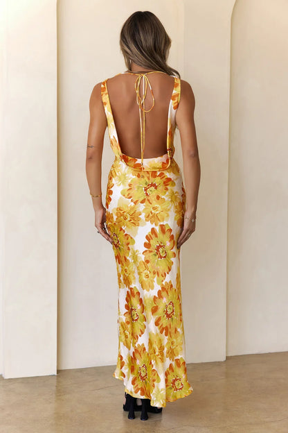 Romantic Steps Satin Maxi Dress Yellow