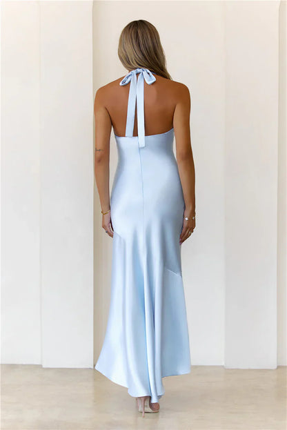 Shimmer Crystal Satin Halter Maxi Dress Blue