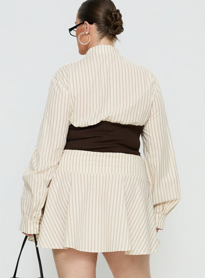 Belva Long Sleeve Corset Shirt Mini Dress Brown Stripe Curve
