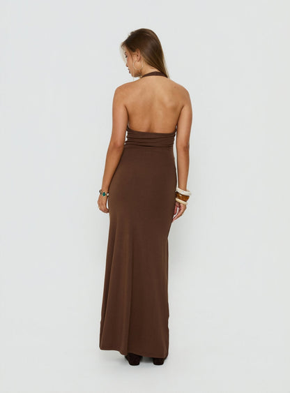 Correna Embellished Halter Maxi Dress Chocolate
