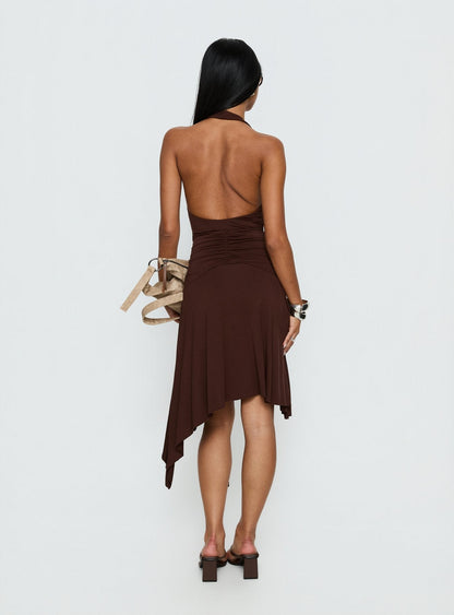 Moonlit Honey Asymmetrical Halter Jersey Midi Dress Chocolate