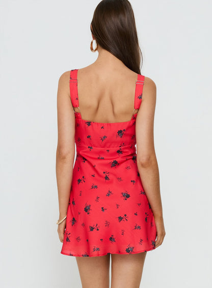 Pennie Bias Mini Dress Red Floral