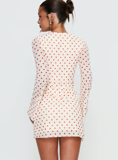 Nyxia Long Sleeve Mini Dress Cream / Red Polka